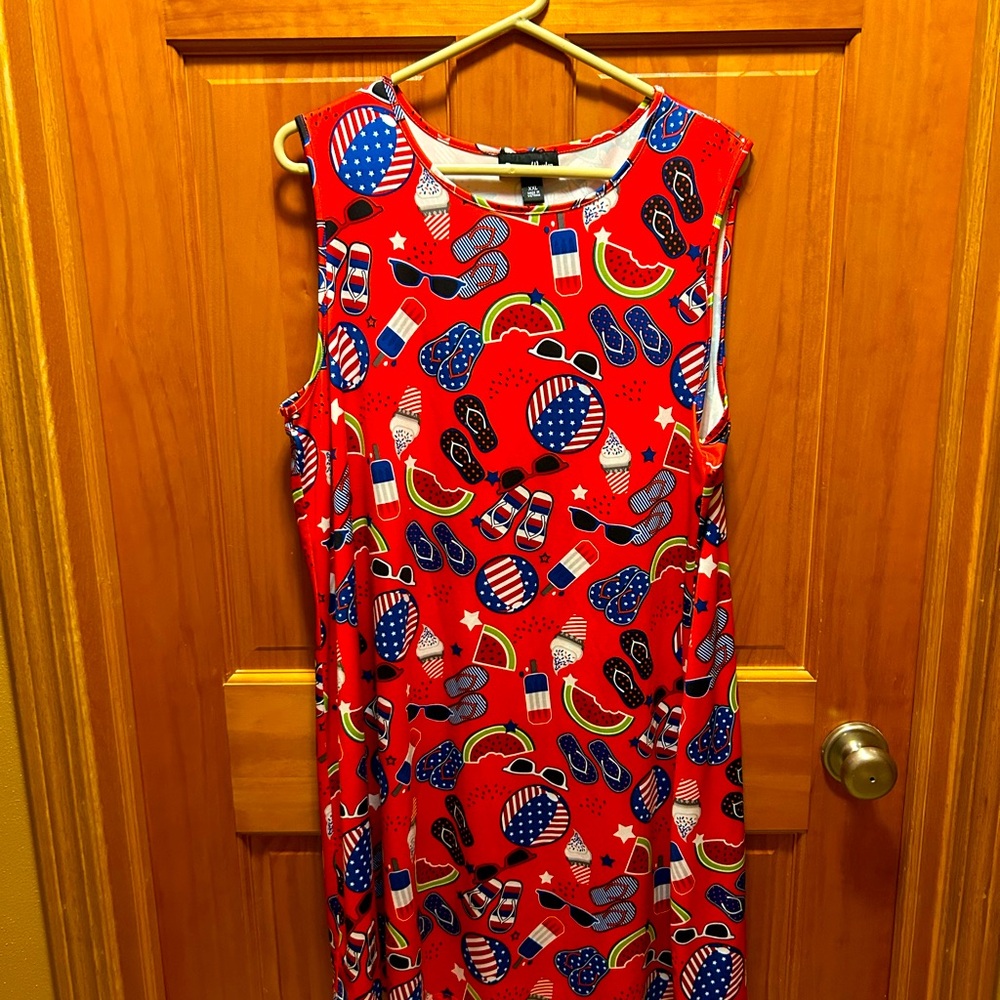 Women’s Dress Works brand, sleeveless RW&B colors. Size XXL